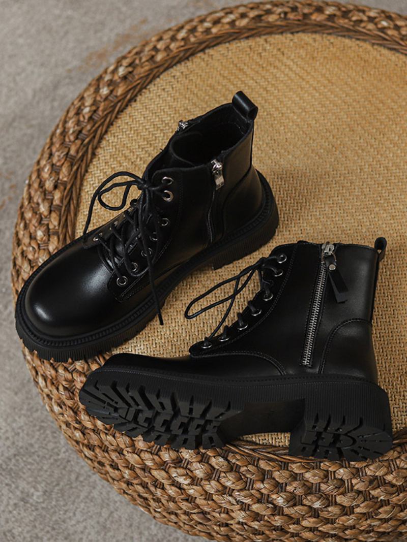 Botas Femininas Couro Pu Com Zíper Redondo E Salto Cachorrinho - Preto