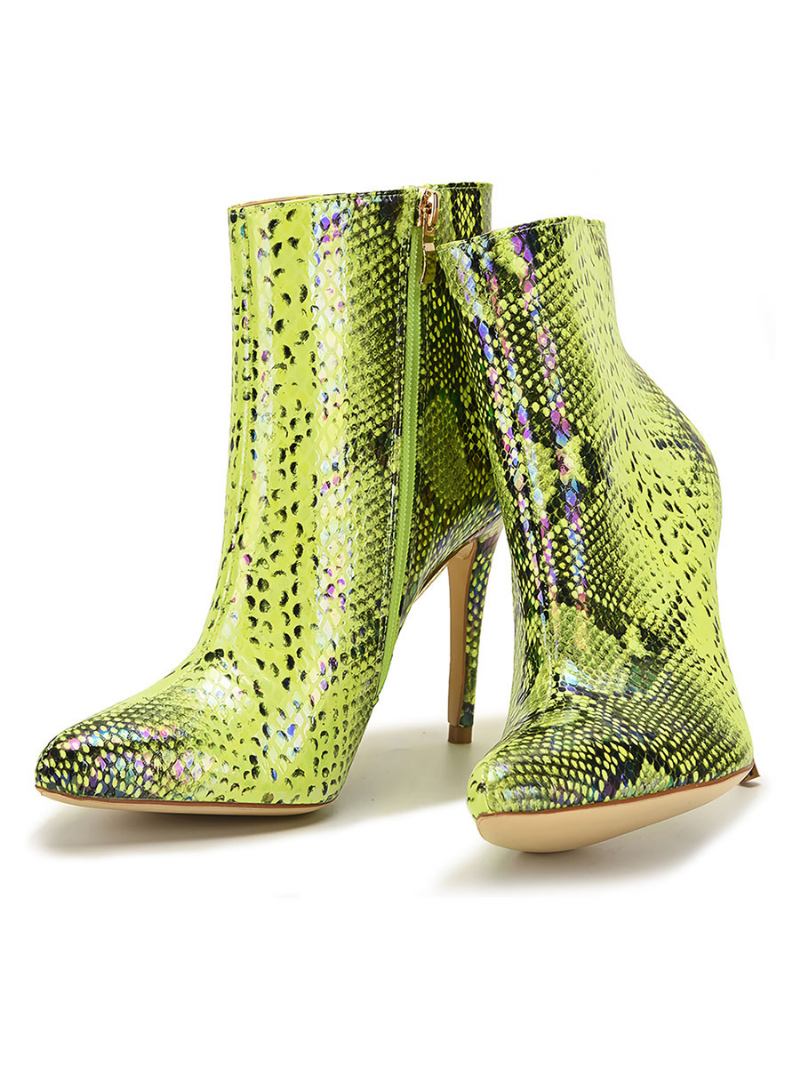 Botas Femininas Couro Verde Bico Fino Com Zíper Salto Agulha Estampa Pele Cobra - Verde