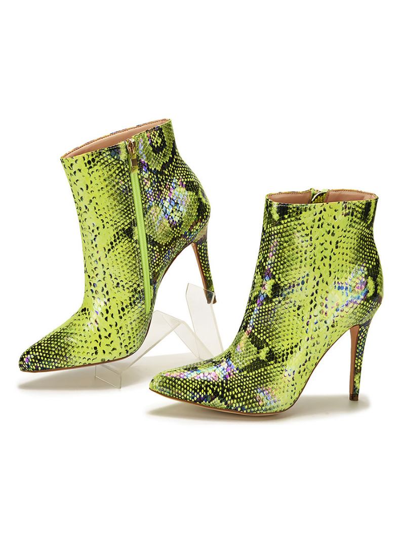 Botas Femininas Couro Verde Bico Fino Com Zíper Salto Agulha Estampa Pele Cobra - Verde