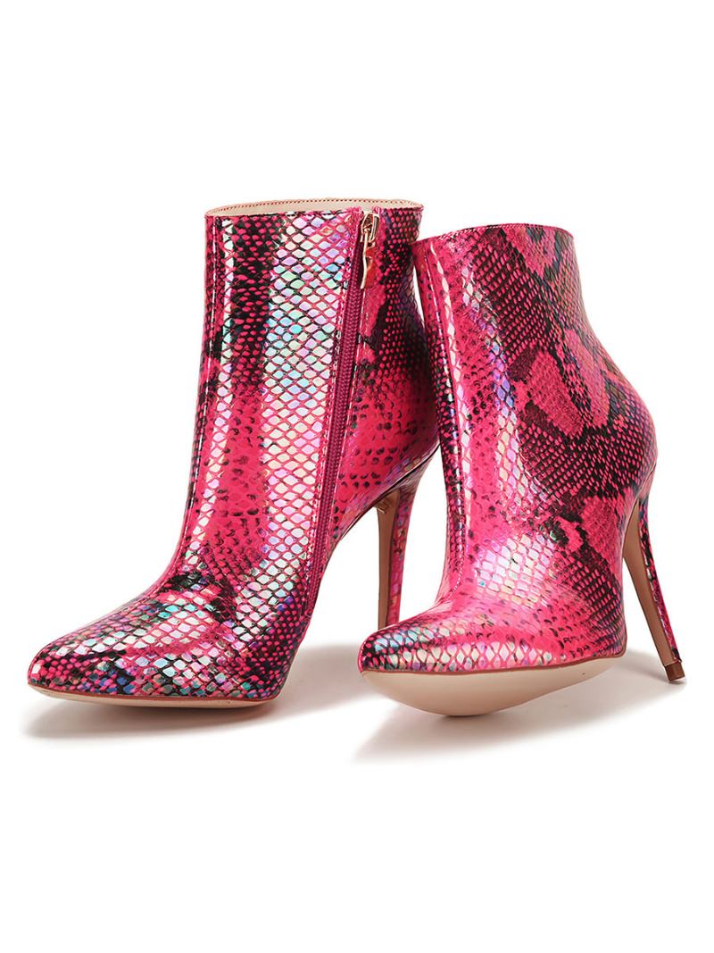 Botas Femininas Couro Verde Bico Fino Com Zíper Salto Agulha Estampa Pele Cobra - Rosa