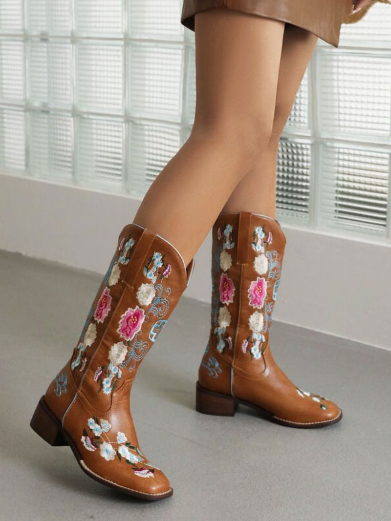 Botas Femininas Cowboy Marrons Bico Redondo Salto Médio Cano Sapatos Casamento Vaqueira - Marrom Escuro