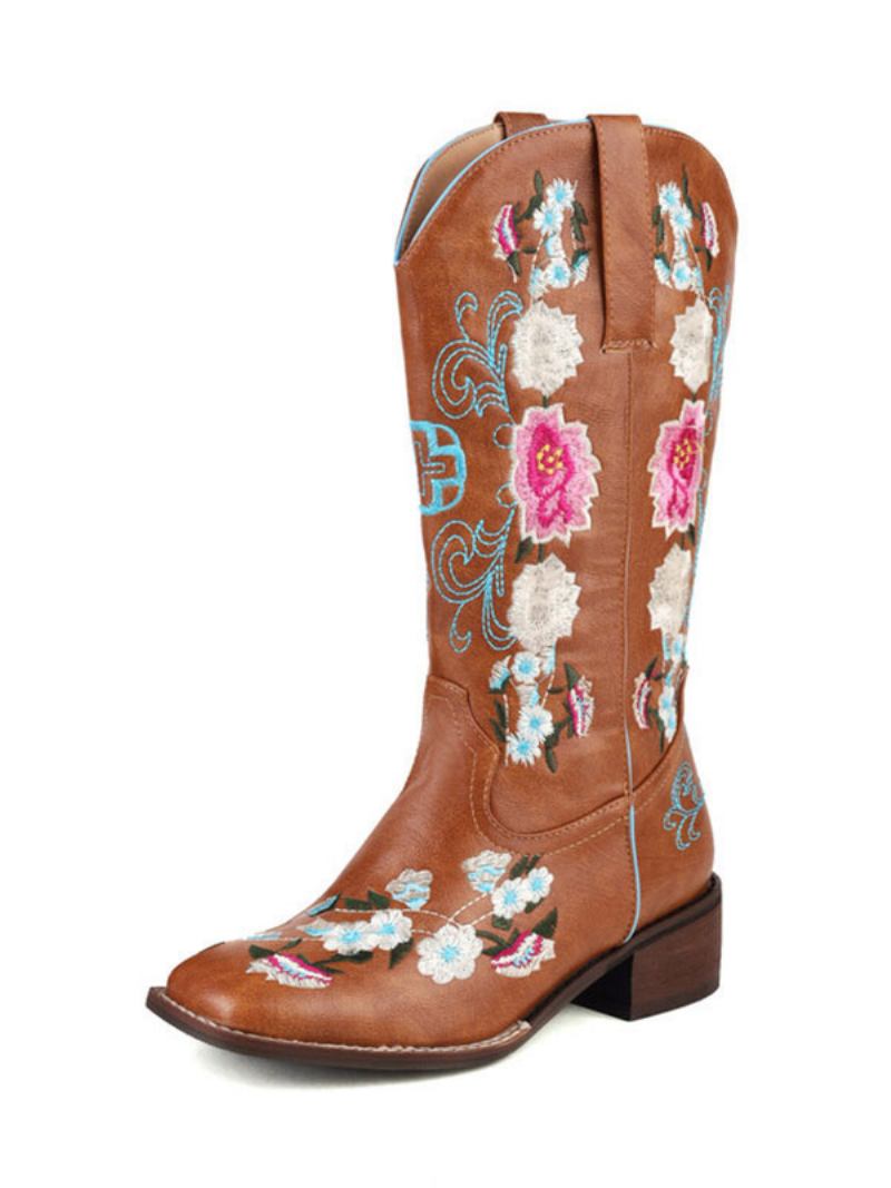 Botas Femininas Cowboy Marrons Bico Redondo Salto Médio Cano Sapatos Casamento Vaqueira - Marrom Escuro