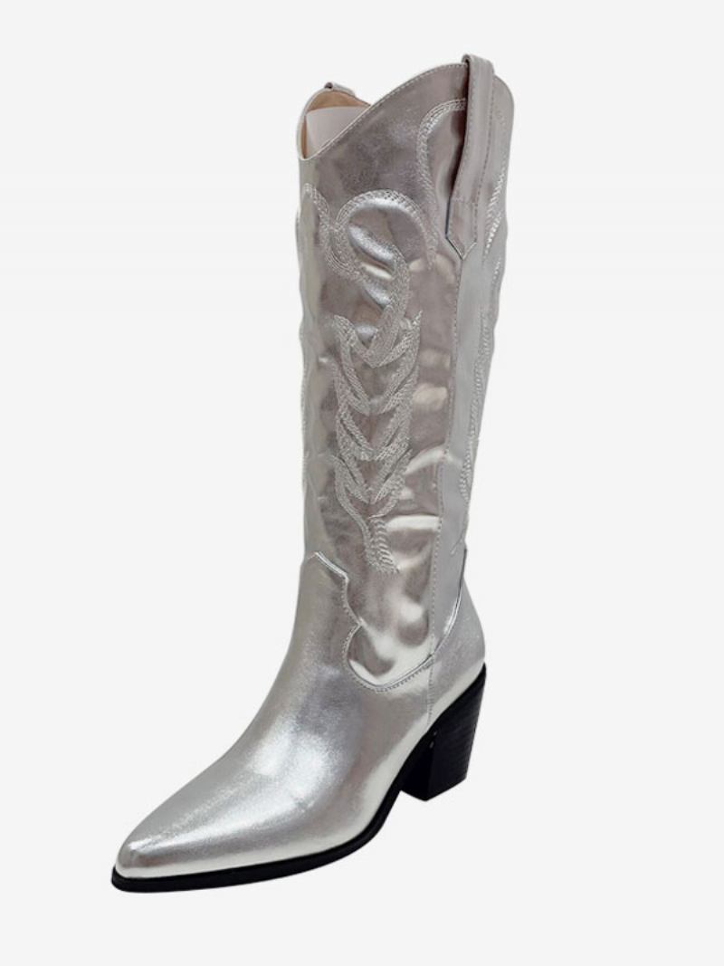 Botas Femininas Cowboy Prateadas Com Bico Fino E Cano Alto