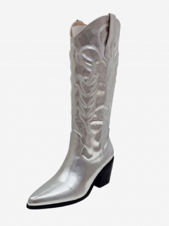 Botas Femininas Cowboy Prateadas Com Bico Fino E Cano Alto