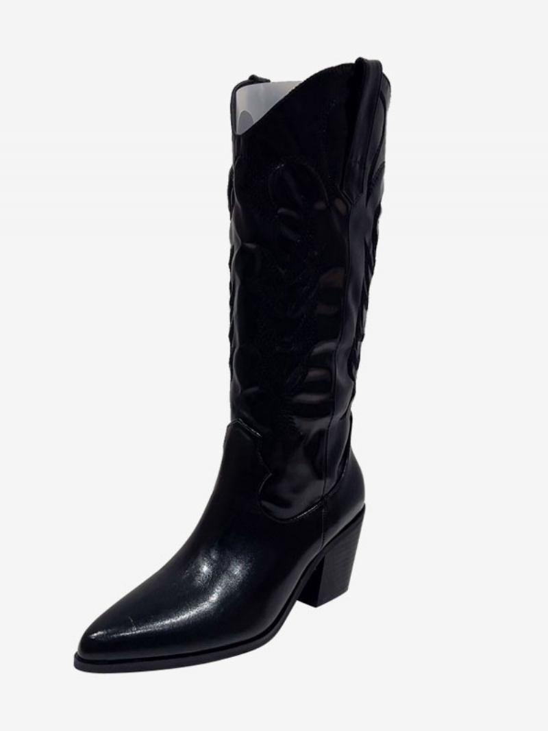 Botas Femininas Cowboy Prateadas Com Bico Fino E Cano Alto - Preto