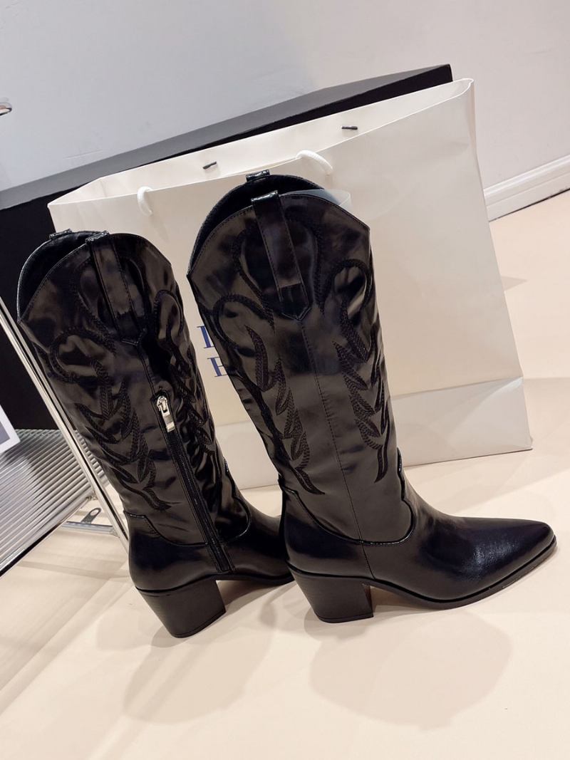 Botas Femininas Cowboy Prateadas Com Bico Fino E Cano Alto - Preto