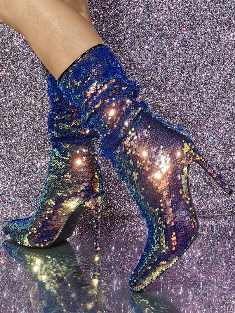 Botas Femininas Despojadas Com Glitter E Salto Agulha Bico Fino