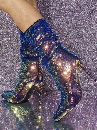 Botas Femininas Despojadas Com Glitter E Salto Agulha Bico Fino