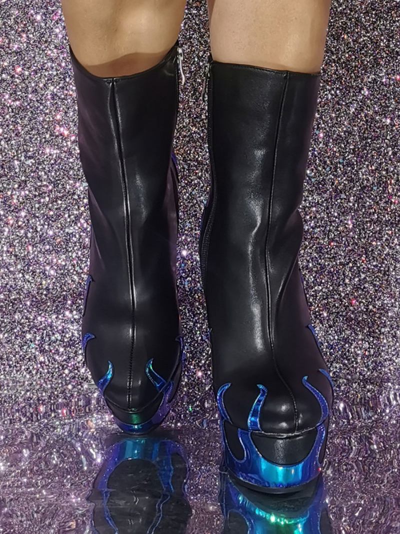 Botas Femininas Geométricas Com Bico Redondo E Salto Em Cunha - Preto