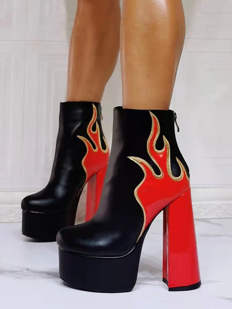 Botas Femininas Geométricas Com Bico Redondo E Salto Grosso Em Couro Pu Preto - Vermelho