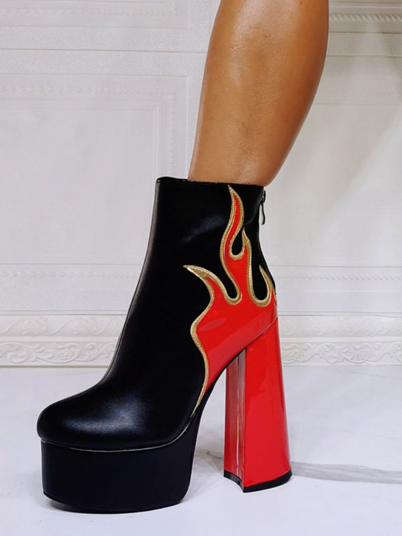 Botas Femininas Geométricas Com Bico Redondo E Salto Grosso Em Couro Pu Preto - Vermelho