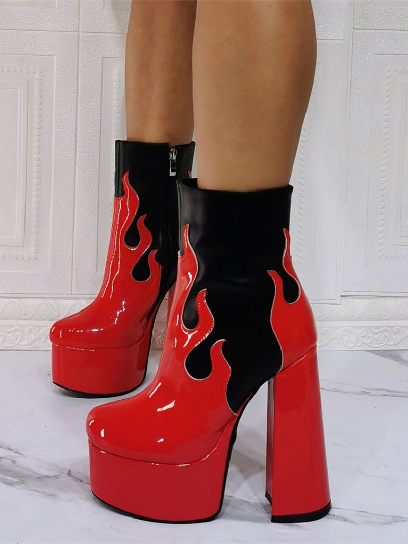 Botas Femininas Geométricas Com Bico Redondo E Salto Grosso Em Couro Pu Preto - Vermelho