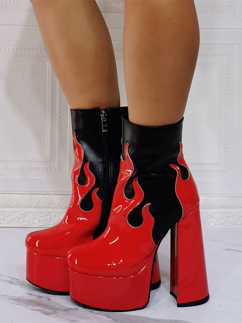 Botas Femininas Geométricas Com Bico Redondo E Salto Grosso Em Couro Pu Preto - Vermelho