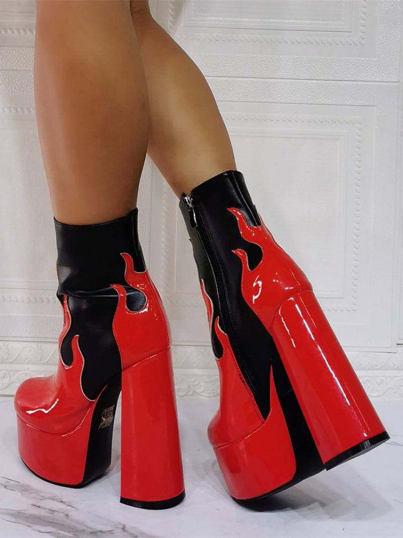 Botas Femininas Geométricas Com Bico Redondo E Salto Grosso Em Couro Pu Preto - Vermelho