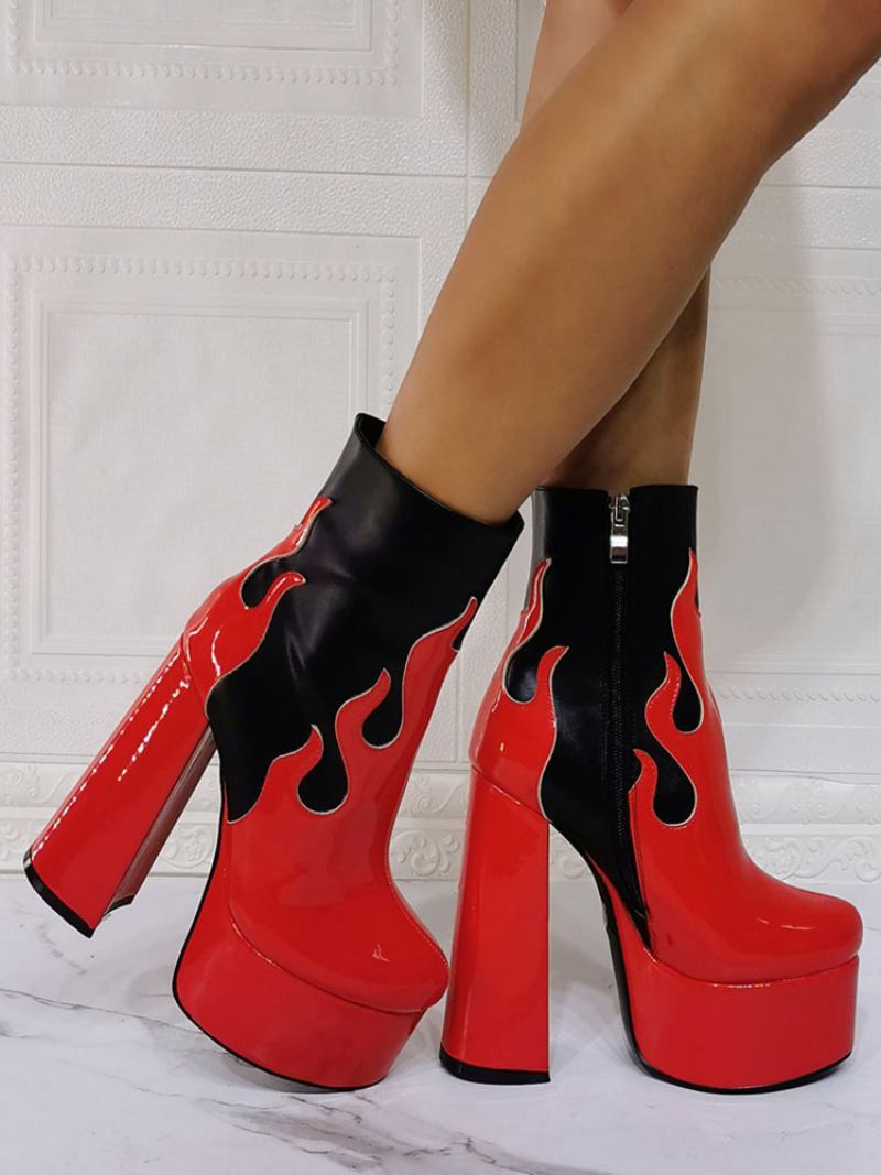 Botas Femininas Geométricas Com Bico Redondo E Salto Grosso Em Couro Pu Preto - Vermelho