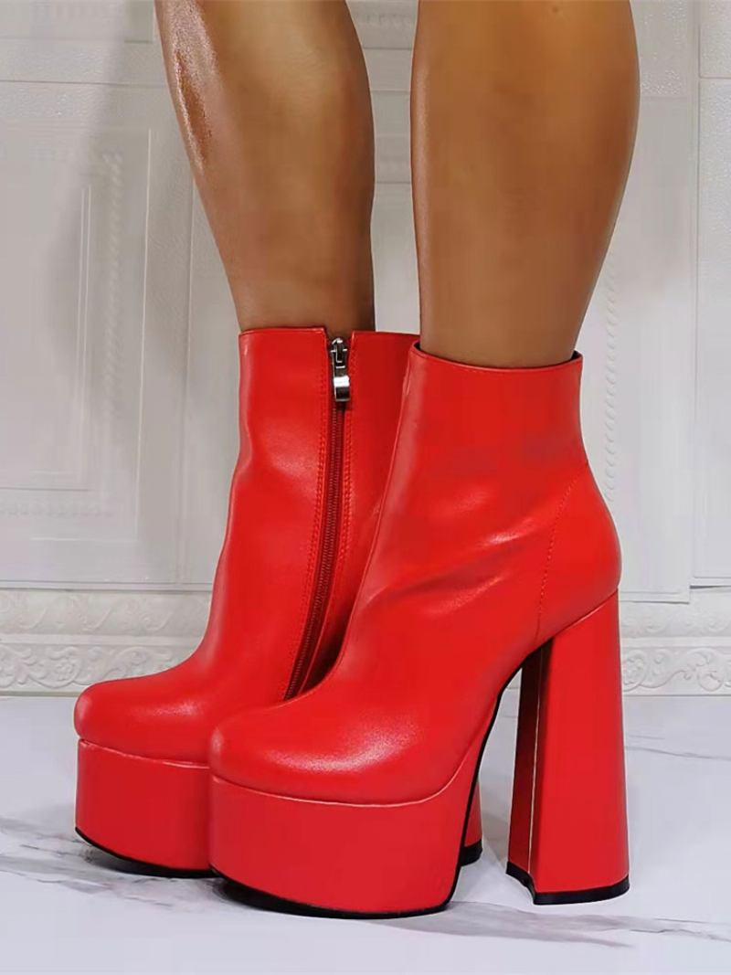 Botas Femininas Geométricas Com Bico Redondo E Salto Grosso Em Couro Pu Vermelho