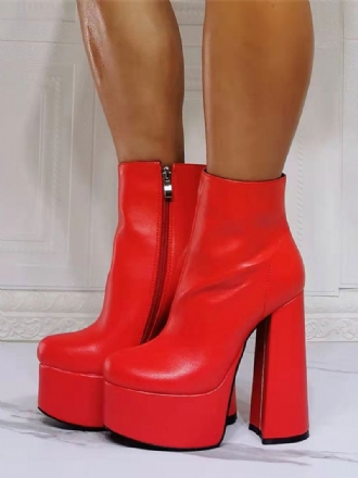 Botas Femininas Geométricas Com Bico Redondo E Salto Grosso Em Couro Pu Vermelho