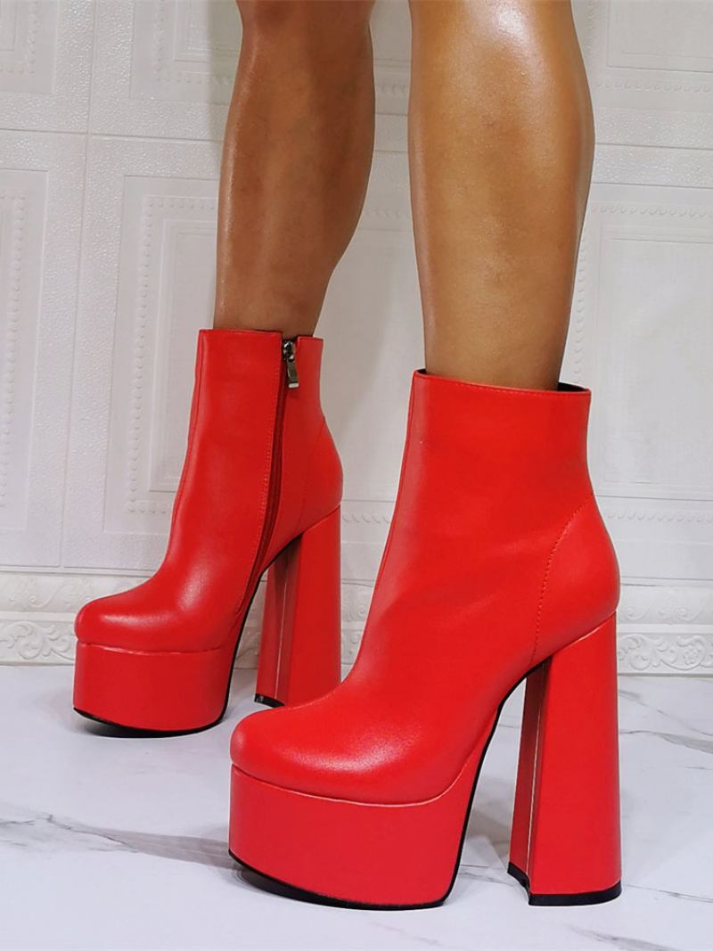 Botas Femininas Geométricas Com Bico Redondo E Salto Grosso Em Couro Pu Vermelho - Vermelho