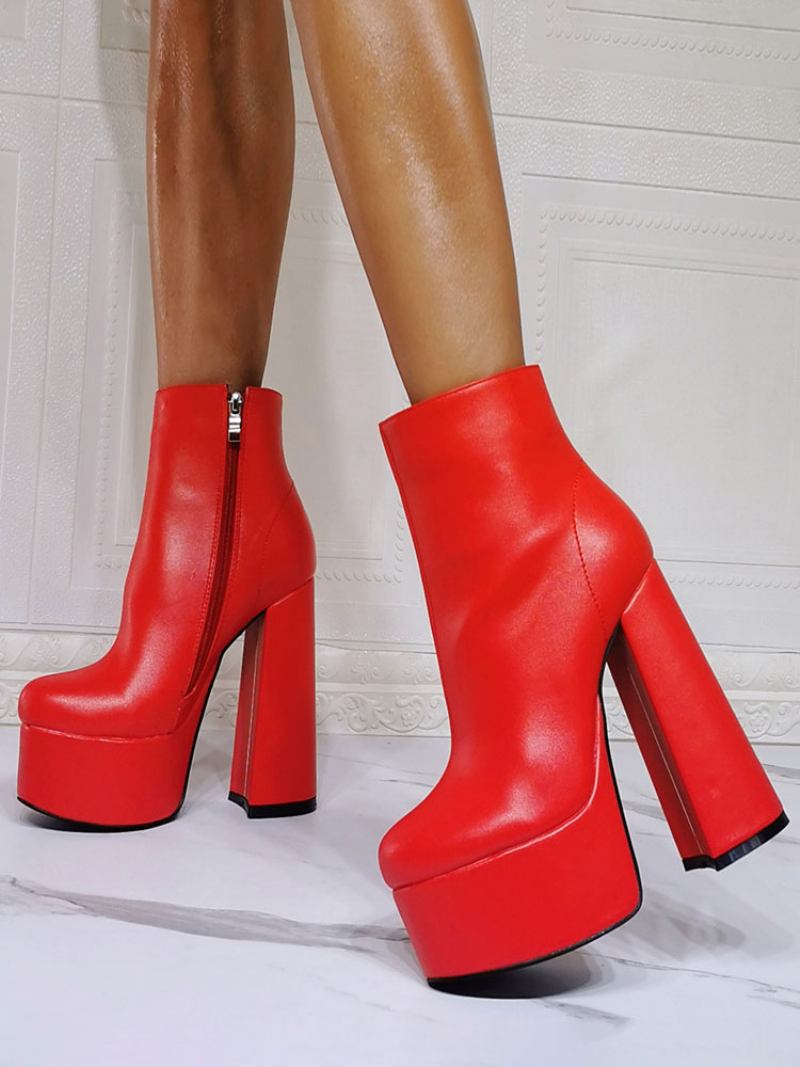 Botas Femininas Geométricas Com Bico Redondo E Salto Grosso Em Couro Pu Vermelho - Vermelho