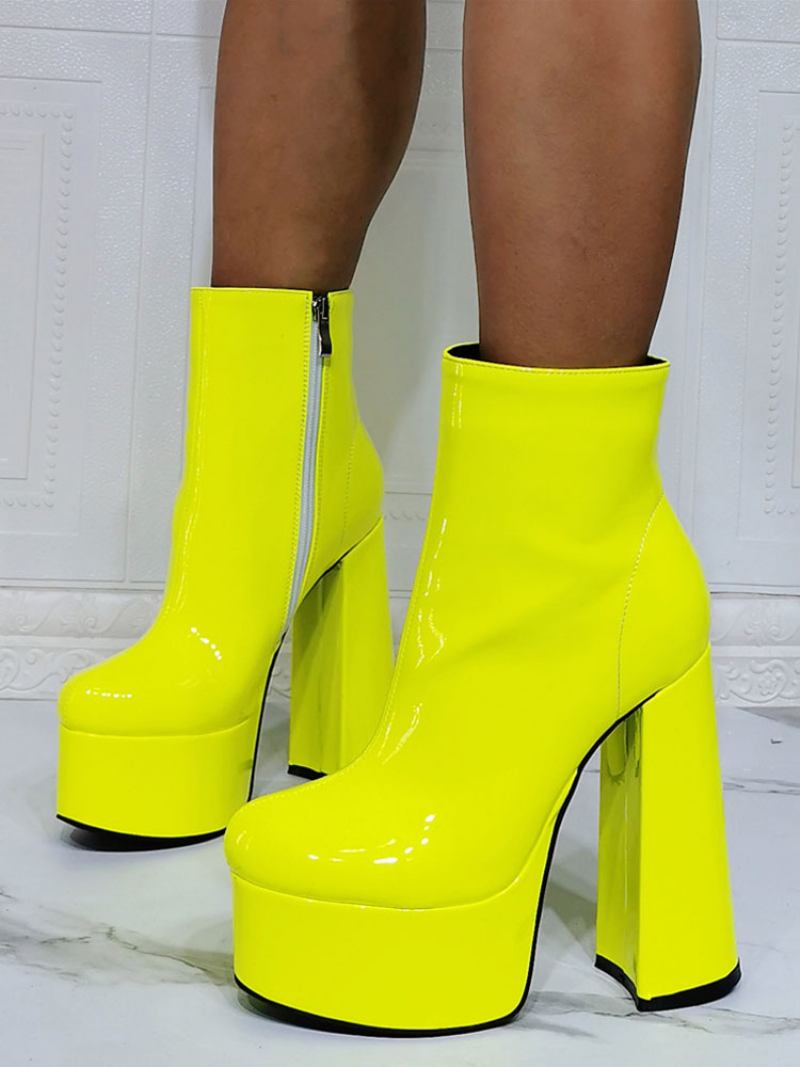 Botas Femininas Geométricas Com Bico Redondo Plataforma Salto Grosso Couro Pu Amarelas - Amarelo