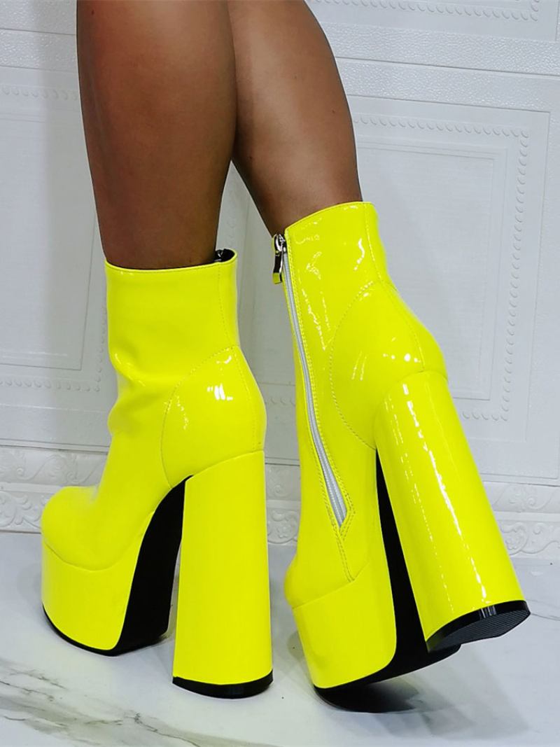 Botas Femininas Geométricas Com Bico Redondo Plataforma Salto Grosso Couro Pu Amarelas - Amarelo