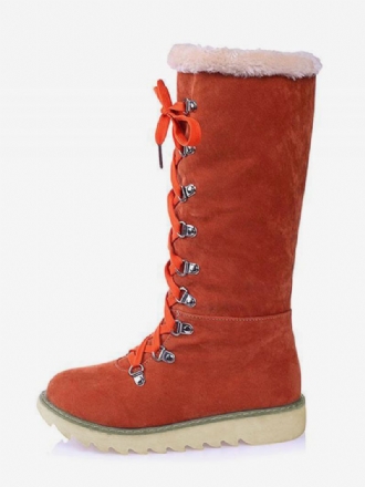 Botas Femininas Inverno Camurça Ecru Branco Bico Redondo Com Cadarço Planas