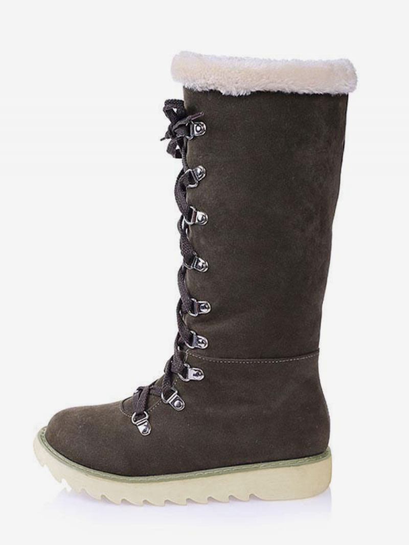 Botas Femininas Inverno Camurça Ecru Branco Bico Redondo Com Cadarço Planas - Verde Caçador