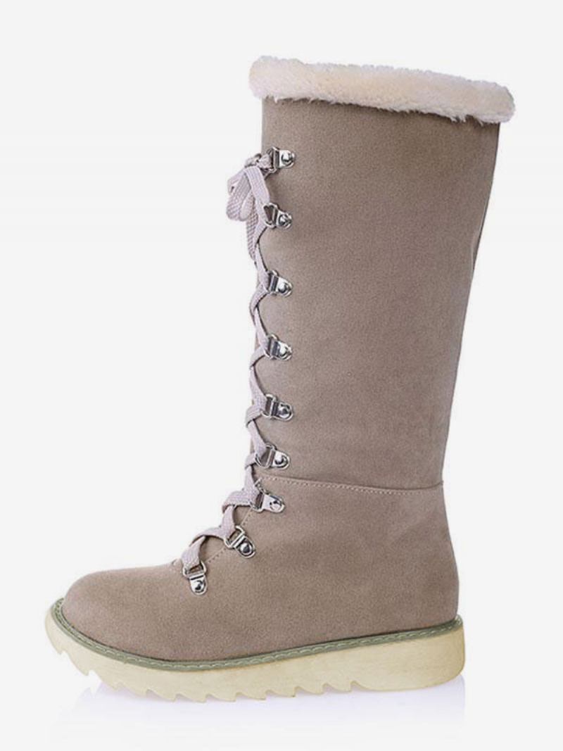 Botas Femininas Inverno Camurça Ecru Branco Bico Redondo Com Cadarço Planas - Bege