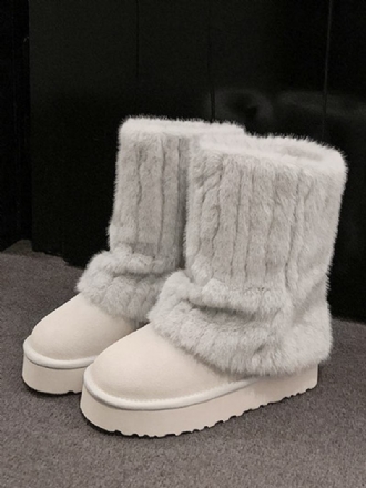 Botas Femininas Inverno Com Bico Redondo E Detalhes Em Couro Sintético Punho Para Neve