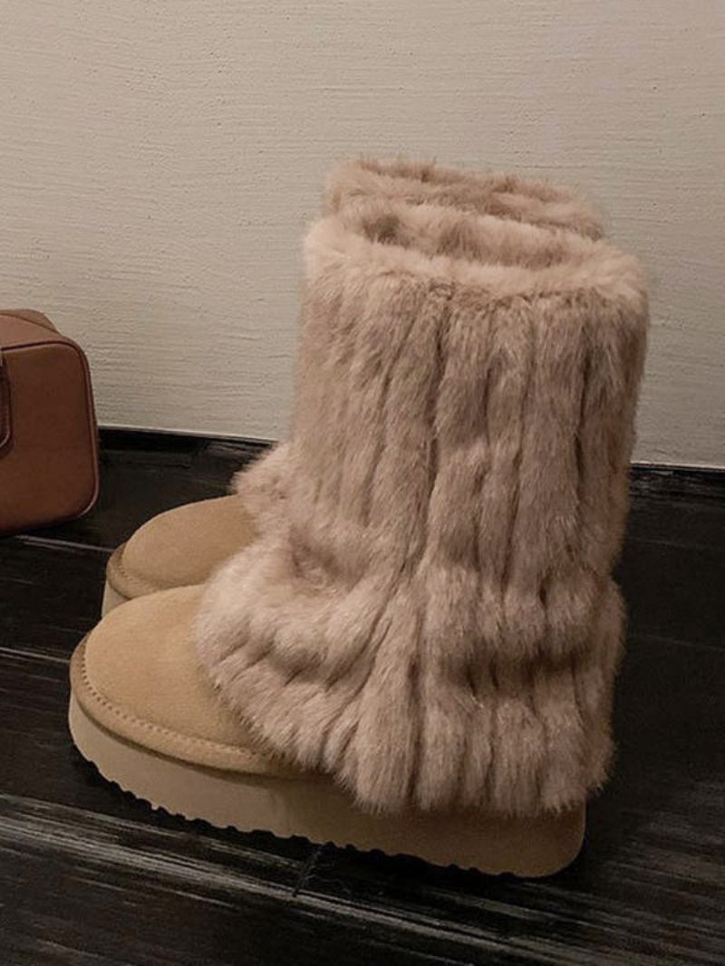 Botas Femininas Inverno Com Bico Redondo E Detalhes Em Couro Sintético Punho Para Neve - Marrom Café