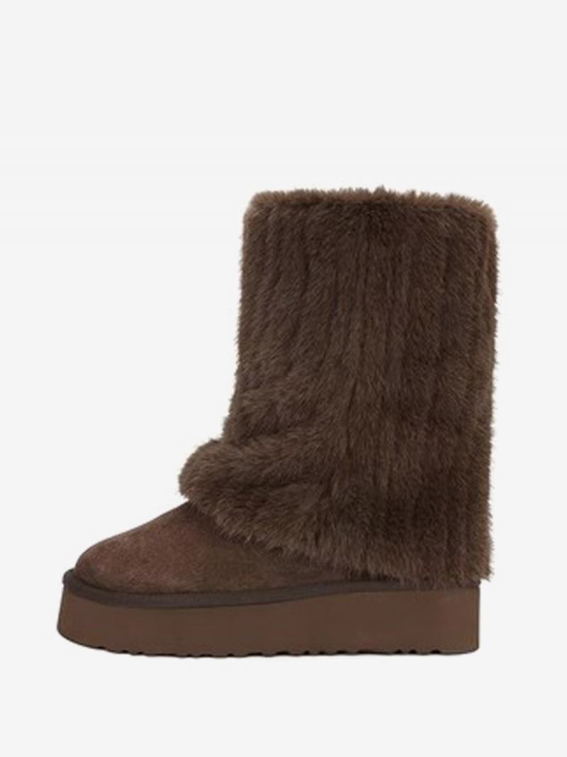 Botas Femininas Inverno Com Bico Redondo E Detalhes Em Couro Sintético Punho Para Neve - Castanho Escuro