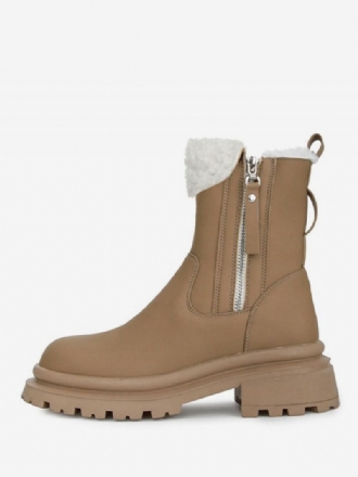 Botas Femininas Inverno Com Zíper Cáqui Bico Redondo Curtas Pelúcia