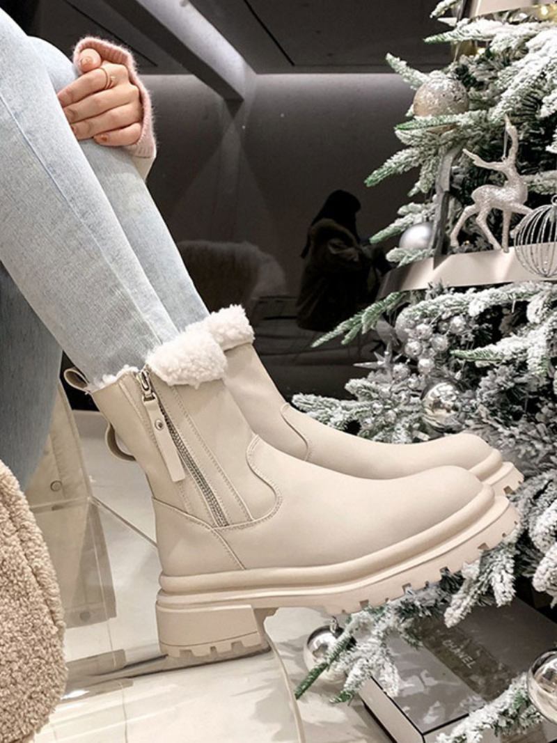 Botas Femininas Inverno Com Zíper Cáqui Bico Redondo Curtas Pelúcia - Bege 