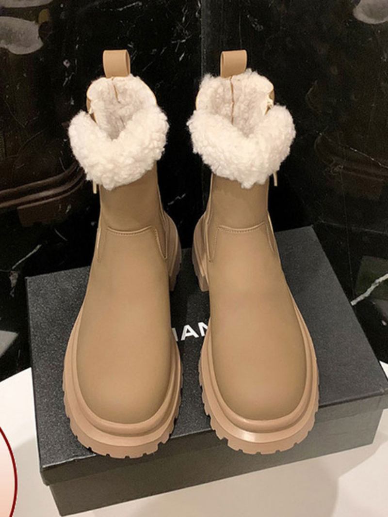 Botas Femininas Inverno Com Zíper Cáqui Bico Redondo Curtas Pelúcia -  Cáqui