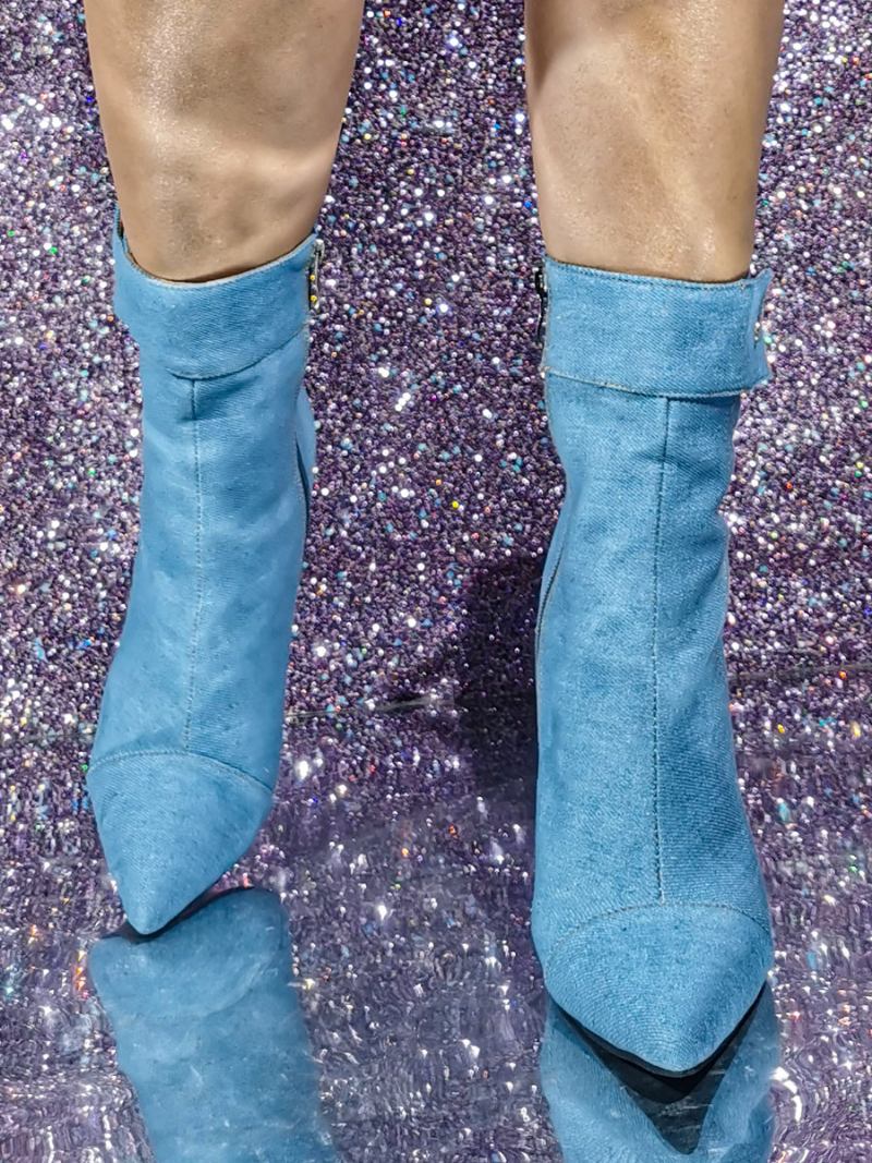 Botas Femininas Jeans Até O Tornozelo Bico Fino Com Zíper E Salto Alto - Azul Céu Claro