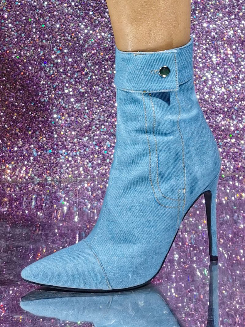 Botas Femininas Jeans Até O Tornozelo Bico Fino Com Zíper E Salto Alto - Azul Céu Claro