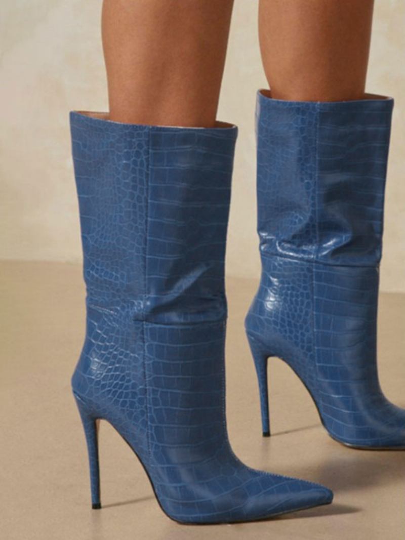 Botas Femininas Laranja Bico Fino Salto Agulha Couro Pu Meia Panturrilha - Azul