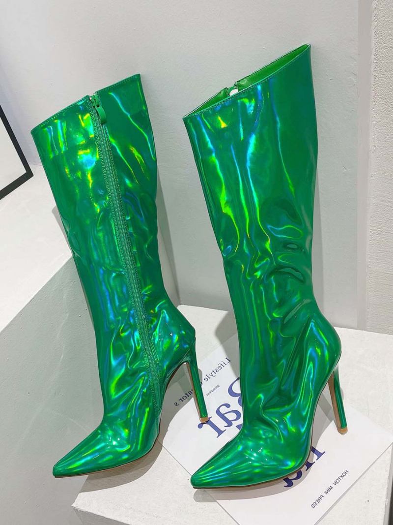 Botas Femininas Largas Panturrilha Chiques Com Bico Fino E Salto Alto - Verde