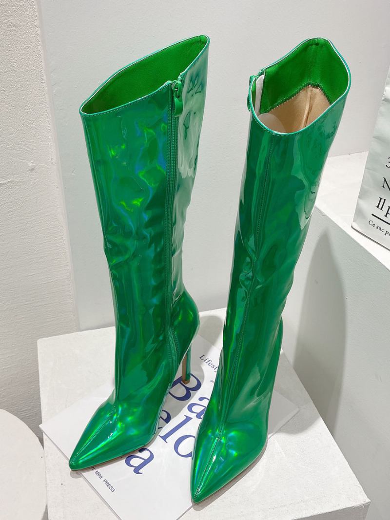 Botas Femininas Largas Panturrilha Chiques Com Bico Fino E Salto Alto - Verde