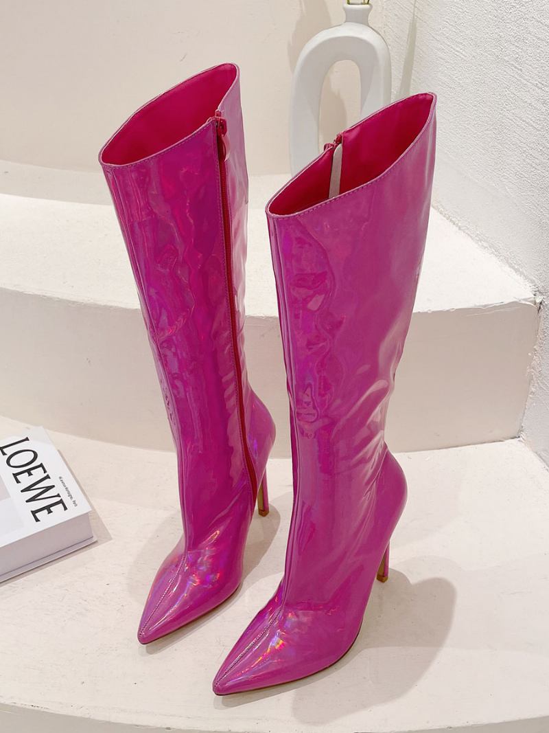 Botas Femininas Largas Panturrilha Chiques Com Bico Fino E Salto Alto - Rosa