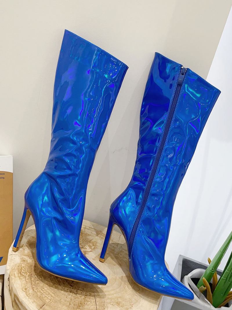 Botas Femininas Largas Panturrilha Chiques Com Bico Fino E Salto Alto - Azul