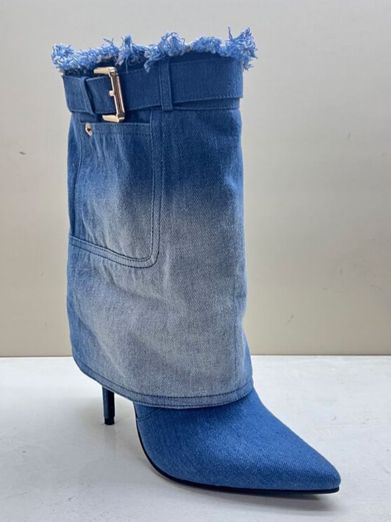 Botas Femininas Lona Com Salto Agulha E - Azul