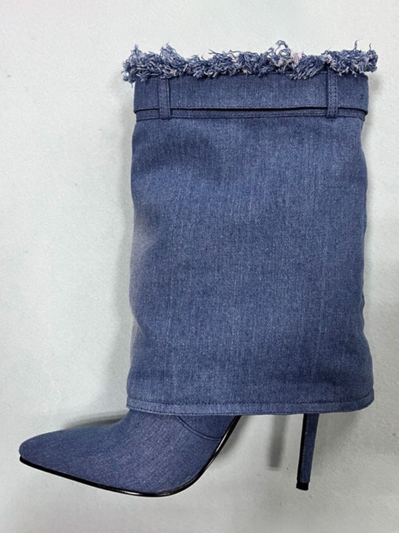 Botas Femininas Lona Com Salto Agulha E - Azul