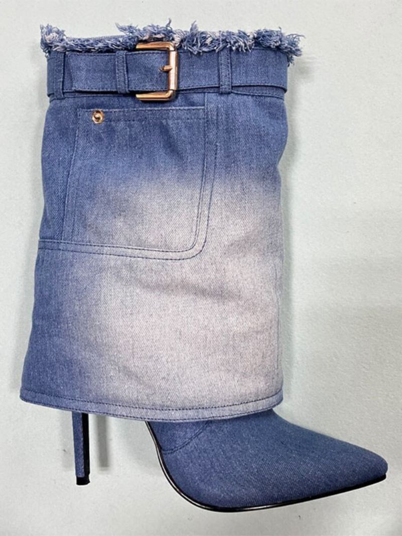 Botas Femininas Lona Com Salto Agulha E - Azul