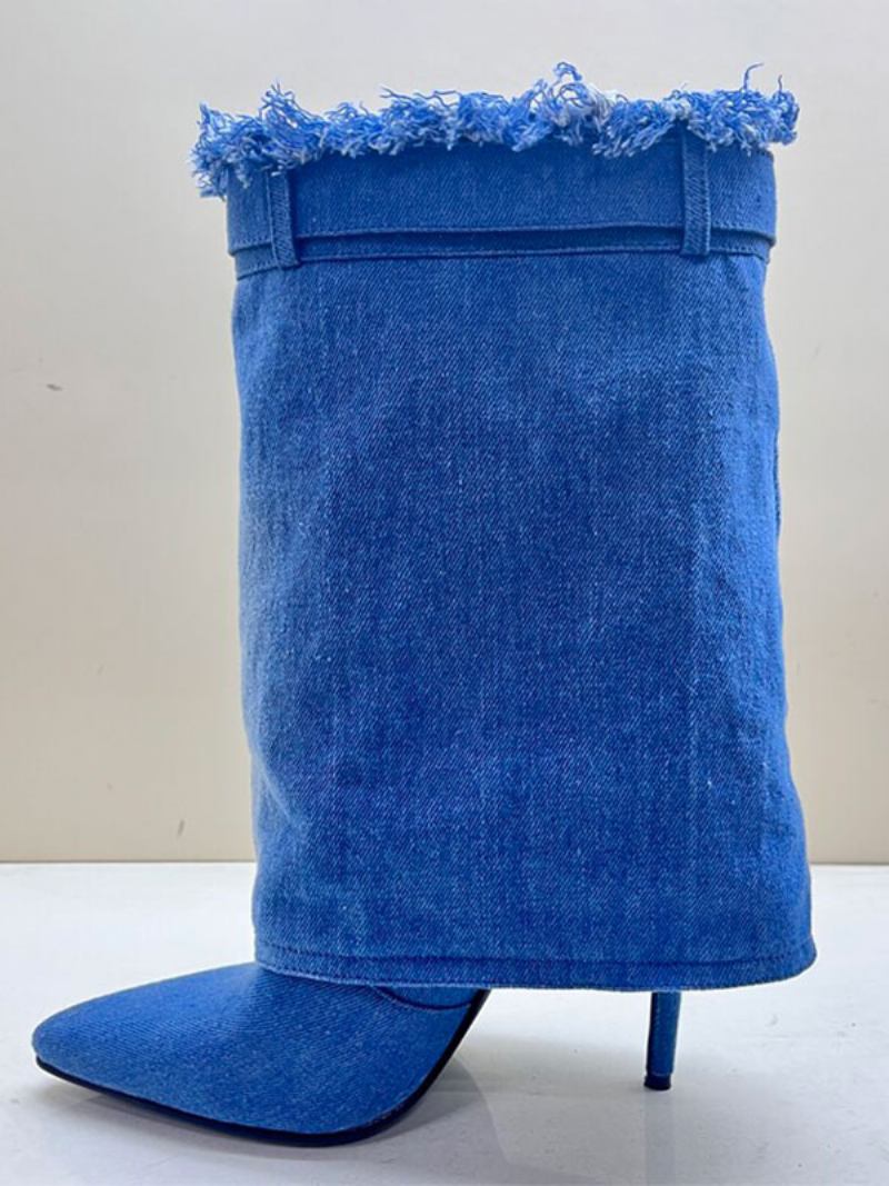 Botas Femininas Lona Com Salto Agulha E - Azul