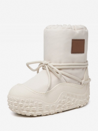 Botas Femininas Lona Para Neve Bico Redondo Branco Inverno Com Cadarço