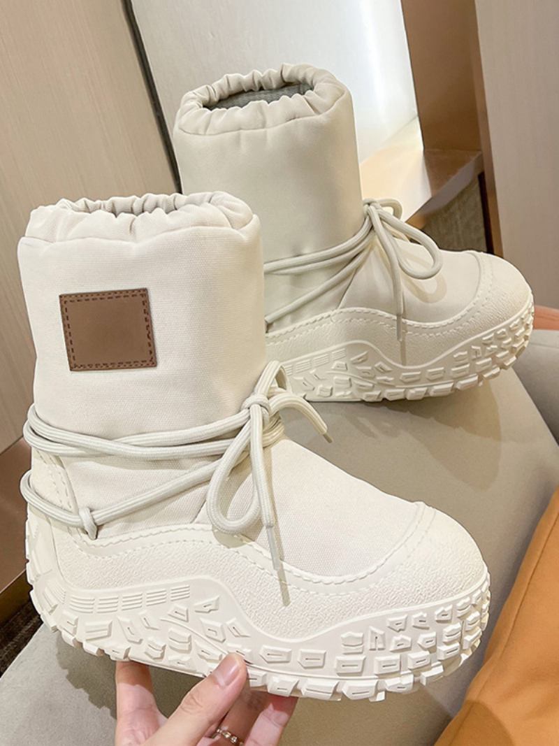 Botas Femininas Lona Para Neve Bico Redondo Branco Inverno Com Cadarço - Bege