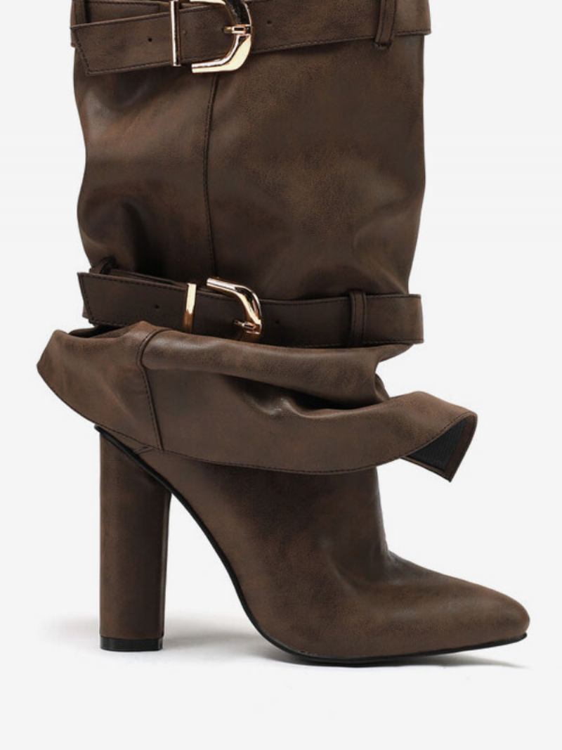 Botas Femininas Marrons Acima Do Joelho Bico Fino Com Fivela E Detalhes Dobráveis - Café Marrom