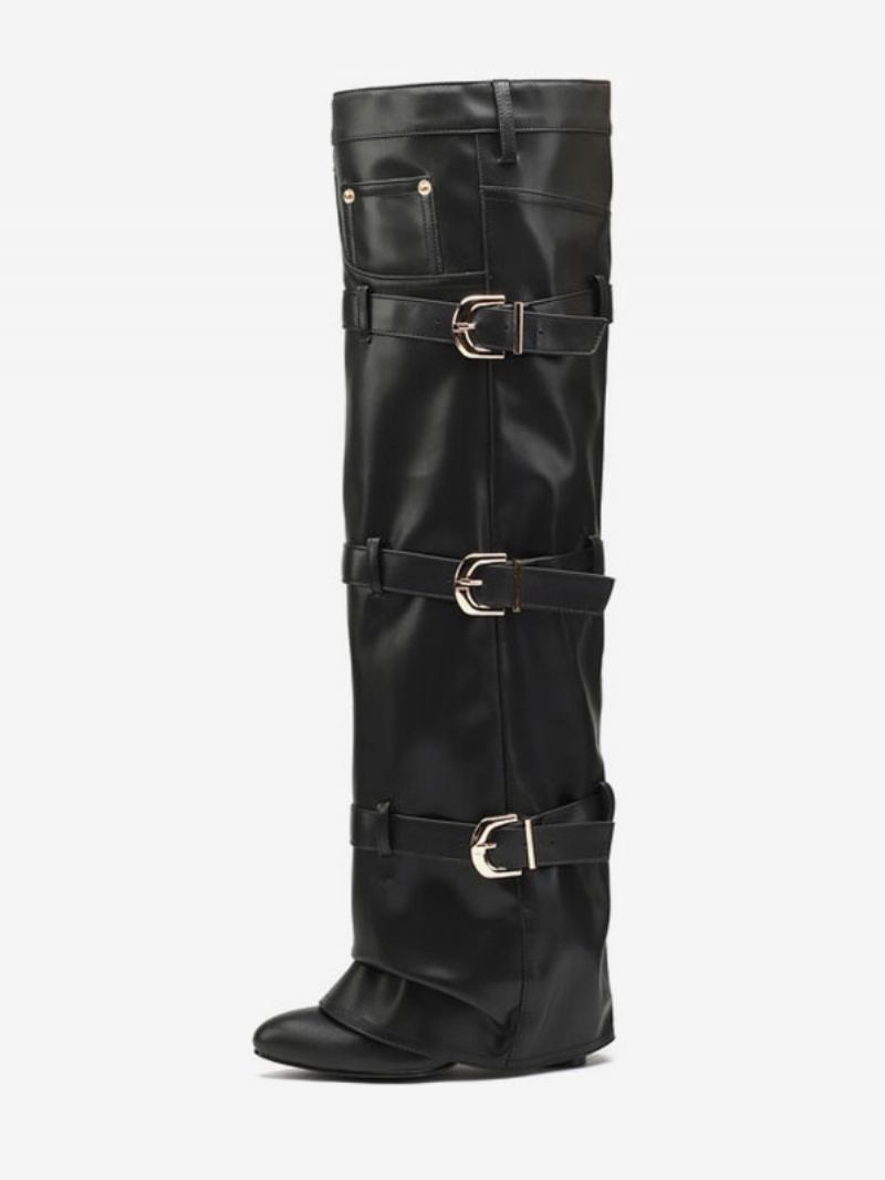 Botas Femininas Marrons Acima Do Joelho Bico Fino Com Fivela E Detalhes Dobráveis - Preto