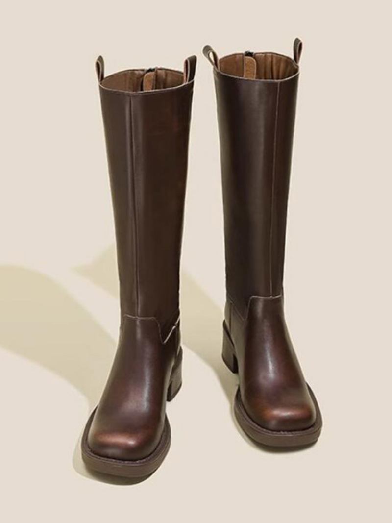 Botas Femininas Marrons Com Bico Quadrado E Cano Alto Equitação